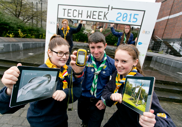  Pictured left is Shannen Doran and Emma Ormonde of Catholic Guides, of Ireland, Aaron O'Callaghan, Scouting Ireland, Sarah Kennedy, CGI and Kayleigh Gallagher at the launch  Tech Week 2015 (Image: ICS)