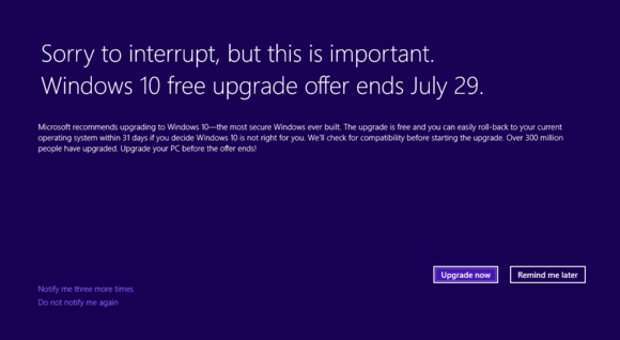 Microsoft full-page Windows 10 prompt