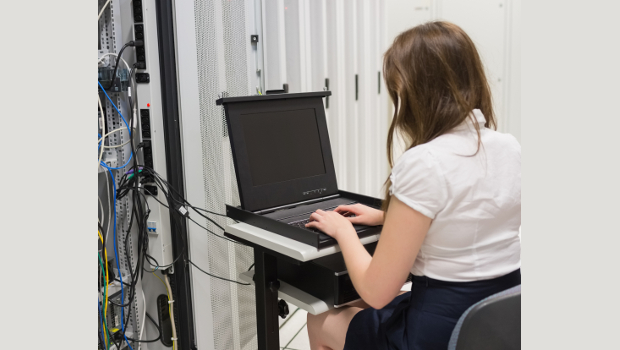 Woman working in data centre