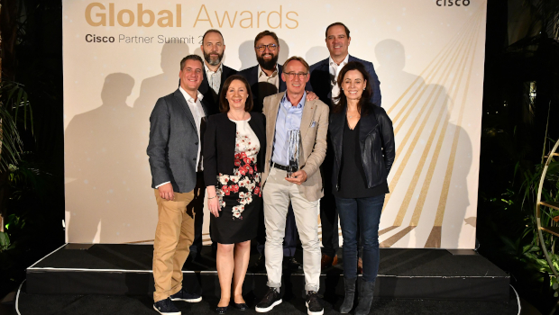 Pictured back: David Meads, Oliver Tuszik, Chuck Robbins, Cisco. Front: Alex Louth, Wendy Mars, Cisco; Rudiger Rath, Logicalis; Geri Elliot, Cisco