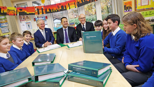 Minister for Communications Richard Bruton with An Taoiseach Leo Varadkar and David McCourt, National Broadband Ireland