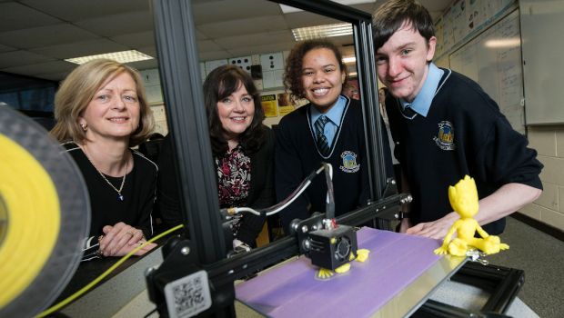 Melissa Pajzos and Ciaran Hegartyan, Old Bawn Community School with Eileen Lee, Operations, PM Group and Ursula McCabe Old Bawn Community School
