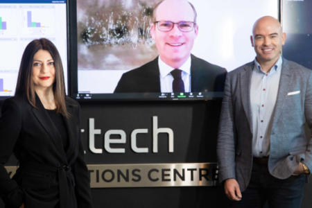 Raluca Saceanu and Ronan Murphy, Smarttech247, joined on-screen by Minister for Foreign Affairs Simon Coveney