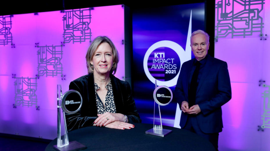 Dr Alison Campbell, KTI, and Impact Awards MC Richard Curran