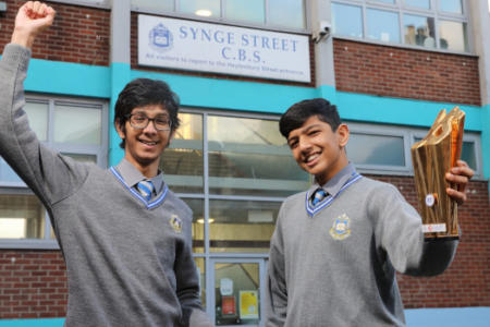 BT Young Scientist & Technology Exhibition 2022 winners Aditya Joshi (15), and Aditya Kumar (16) from Synge Street, CBS, Dublin