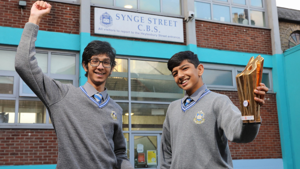 BT Young Scientist & Technology Exhibition 2022 winners Aditya Joshi (15), and Aditya Kumar (16) from Synge Street, CBS, Dublin