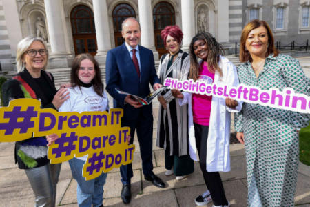 Pictured: Gillian Keating, I Wish; TY student Ella McCormack from Mount Temple Comprehensive School, Malahide, Dublin; Taoiseach Micheál Martin; Caroline O’Driscoll, I Wish; Blessing Oliveria, Mount Temple Comprehensive School; and Sharon Lombard, I Wish