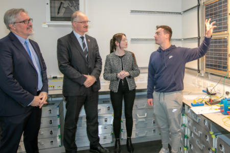 Pictured (L-R): Brendan Cannon, Amazon Web Services; David Fitzpatrick, President of TU Dublin; Joanne Reynolds, Amazon Web Services; and TU Dublin student Dylan Wray