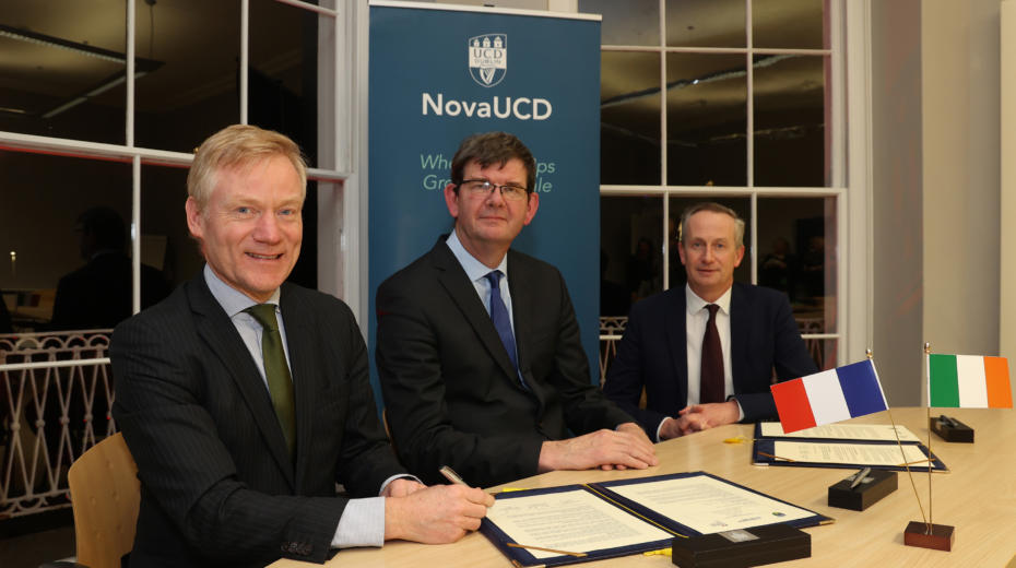 Pictured: HE Vincent Guérend, Prof Mark Rogers, UCD, and Leo Clancy, Enterprise Ireland