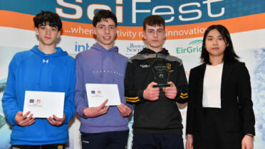 Pictured with their SciFest Huawei Communication award, (from l-r) Cathal Murphy , Eoin Wilcox and Patrick Barry, from Árdscoil Uí Urmoltaigh in Bandon, Co. Cork, with Baolin Liang, Huawei Ireland