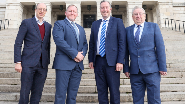 Pictured: George Bathurst and Richard Coates, Cyberspark; Minister for Education Paul Givan; and Denny Vitty, Cyberspark