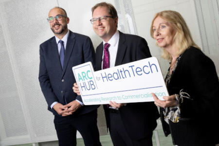 Pictured: Prof Garry Duffy, University of Galway and ARC Hub for HealthTech; Minister for Further and Higher Education, Research, Innovation and Science James Lawless; and Celine Fitzgerald, Research Ireland