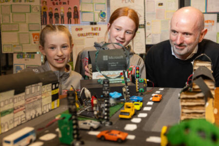 Pictured: Eibhlín and Róisín, 6th class students from St Mary’s National School, Longford with James O’Connor, Microsoft