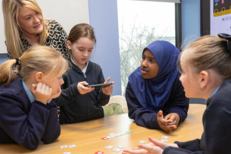 Pictured: Karen Nolan, Lecturer in Computing at TU Dublin with pupils from Stanhope St School, Rose Brockie, Riley Rice, Jamila Ahmed and Beau Graham