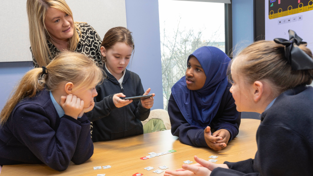 Pictured: Karen Nolan, Lecturer in Computing at TU Dublin with pupils from Stanhope St School, Rose Brockie, Riley Rice, Jamila Ahmed and Beau Graham