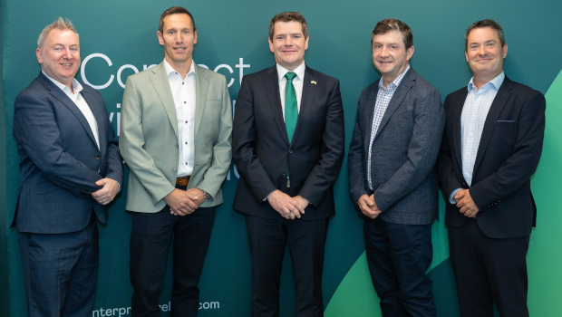 Pictured: Aidan McKenna, Enterprise Ireland; Mark Rohan, Klearcom; Minister for Enterprise, Tourism and Employment Peter Burke; Michael Dennis and Killian McMahon, Enterprise Ireland