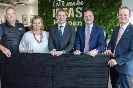 Pictured: Ronan Power, Solar Ireland; Liz McGonigal, Greentech HQ Minister Peter Burke, Minister for Enterprise, Trade & Employment Peter Burke; Senator Cathal Byrne; and David Ryan, SETU