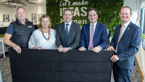 Pictured: Ronan Power, Solar Ireland; Liz McGonigal, Greentech HQ Minister Peter Burke, Minister for Enterprise, Trade & Employment Peter Burke; Senator Cathal Byrne; and David Ryan, SETU