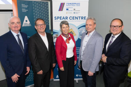 Pictured: Peter Devine, Ulster University; Dr Nick Timmons, Atlantic Technological University; Dr Orla Flynn, Atlantic Technological University; Dr Mark Gubbins, Seagate Technology; Prof William Scanlon, Tyndall National Institute