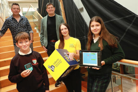 Local school pupils Liam (age 11) and Hannah (13) are pictured at the launch with (L-R) Liberty IT’s Lisa Jacques, and Ben Steele (back left), and Galway City Museum’s Brendan McGowan (back right)