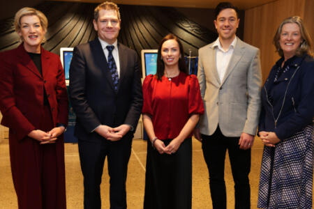 Pictured: Margaret Hearty, InterTrade Ireland; Minister for Enterprise, Tourism & Employment Peter Burke; Caitriona Morden, Advanced Technology in Manufacturing; Eoin Byrne, Cyber Ireland; Carroll Gibbons, Enterprise Ireland