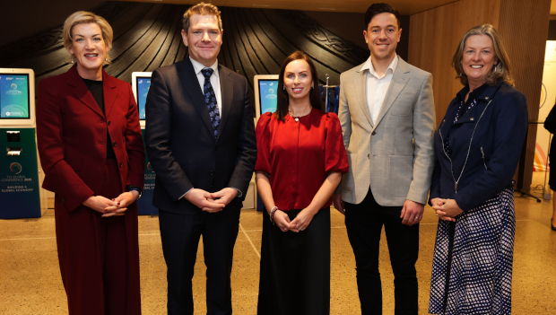 Pictured: Margaret Hearty, InterTrade Ireland; Minister for Enterprise, Tourism & Employment Peter Burke; Caitriona Morden, Advanced Technology in Manufacturing; Eoin Byrne, Cyber Ireland; Carroll Gibbons, Enterprise Ireland