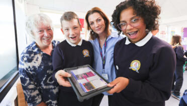 Dr Sally McHugh of University of Galway’s School of Education with teacher Helen Ryan and Trinity Primary School pupils Atec Wojjtaszek and Izabely Rodrigues Pereira