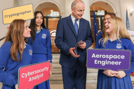 Pictured: An Taoiseach, Micheál Martin (centre) with Amélie Place; Arsha Bhatia; Rhia Murphy and Charlotte Cosgrove, Mount Sackville Secondary School