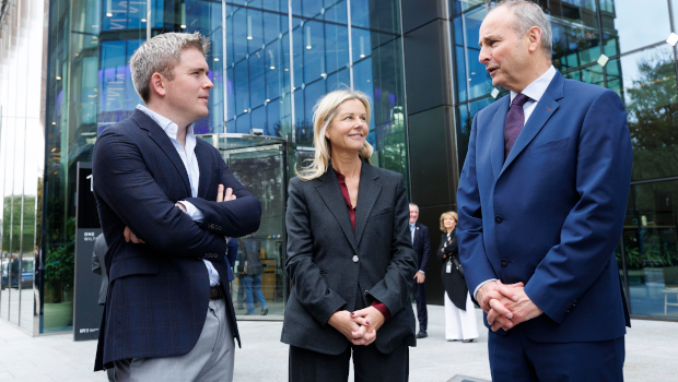 Pictured: John Collison and Eileen O'Mara, Stripe, and Taoiseach Micheál Martin