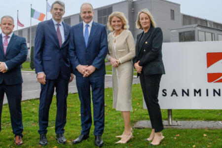 Pictured: Tim Hyde and Sean Moran, Sanmina; An Taoiseach Michael Martin; Mary Buckley, IDA; and Maria Quirke, Sanmina