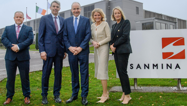 Pictured: Tim Hyde and Sean Moran, Sanmina; An Taoiseach Michael Martin; Mary Buckley, IDA; and Maria Quirke, Sanmina