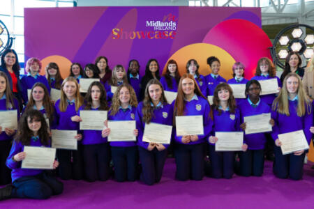 Pictured: Students from Meán Scoil Mhuire; Christine Collins, Longford County Council; Dr Mary Giblin, TUS; Isabel Meza, STEM Passport for Inclusion, Maynooth University; Siobhan Grealy, Longford County Council; and Aileen Devaney, Meán Scoil Mhuire, Longford