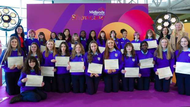 Pictured: Students from Meán Scoil Mhuire; Christine Collins, Longford County Council; Dr Mary Giblin, TUS; Isabel Meza, STEM Passport for Inclusion, Maynooth University; Siobhan Grealy, Longford County Council; and Aileen Devaney, Meán Scoil Mhuire, Longford