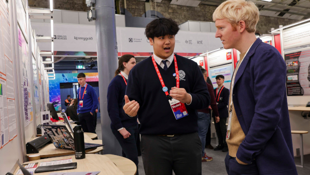 Pictured: Mingyang Wang from St Andrews College in Dublin with Patrick Collison, Stripe