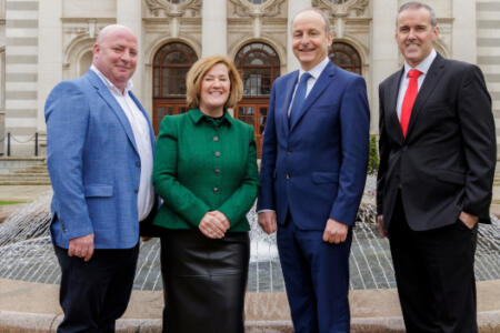 Pictured: John O’Driscoll, Hanley Energy; Adaire Fox-Martin, Equinix; Taoiseach Micheál Martin; and Peter Lantry, Equinix