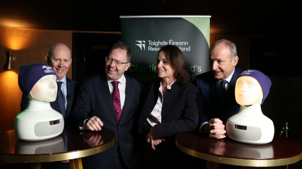 Pictured: Dr Diarmuid O’Brien, Research Ireland; Minister James Lawless; Olivia Waters, Adapt; and Taoiseach Micheál Martin