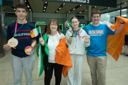 Pictured: Zack O’Leary, Clongowes Wood College, Co. Kildare; Sheila Porter, SciFest; Addison Carey, Celbridge Community School, Co. Kildare; and Zack O’Leary, Clongowes Wood College, Co. Kildare; Ronan Lyons, Lanesboro Community College, Co. Longford