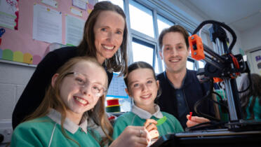 Pictured: Keela Murray and Elsie O'Connell, 6th class students from St. Catherine's National School, Bishopstown, Co Cork; Niamh Hegarty, Stryker, and Michael Golden, I-Form