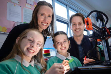 Pictured: Keela Murray and Elsie O'Connell, 6th class students from St. Catherine's National School, Bishopstown, Co Cork; Niamh Hegarty, Stryker, and Michael Golden, I-Form