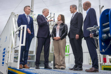 Pictured: Paul Lennon, ESB Generation Trading; Timmy Dooley, Minister of State at the Department of Climate, Energy and the Environment; Ferhan Gunen, Equinix; Peter Lantry, Equinix Ireland; and Andrew Cunningham, GeoPura